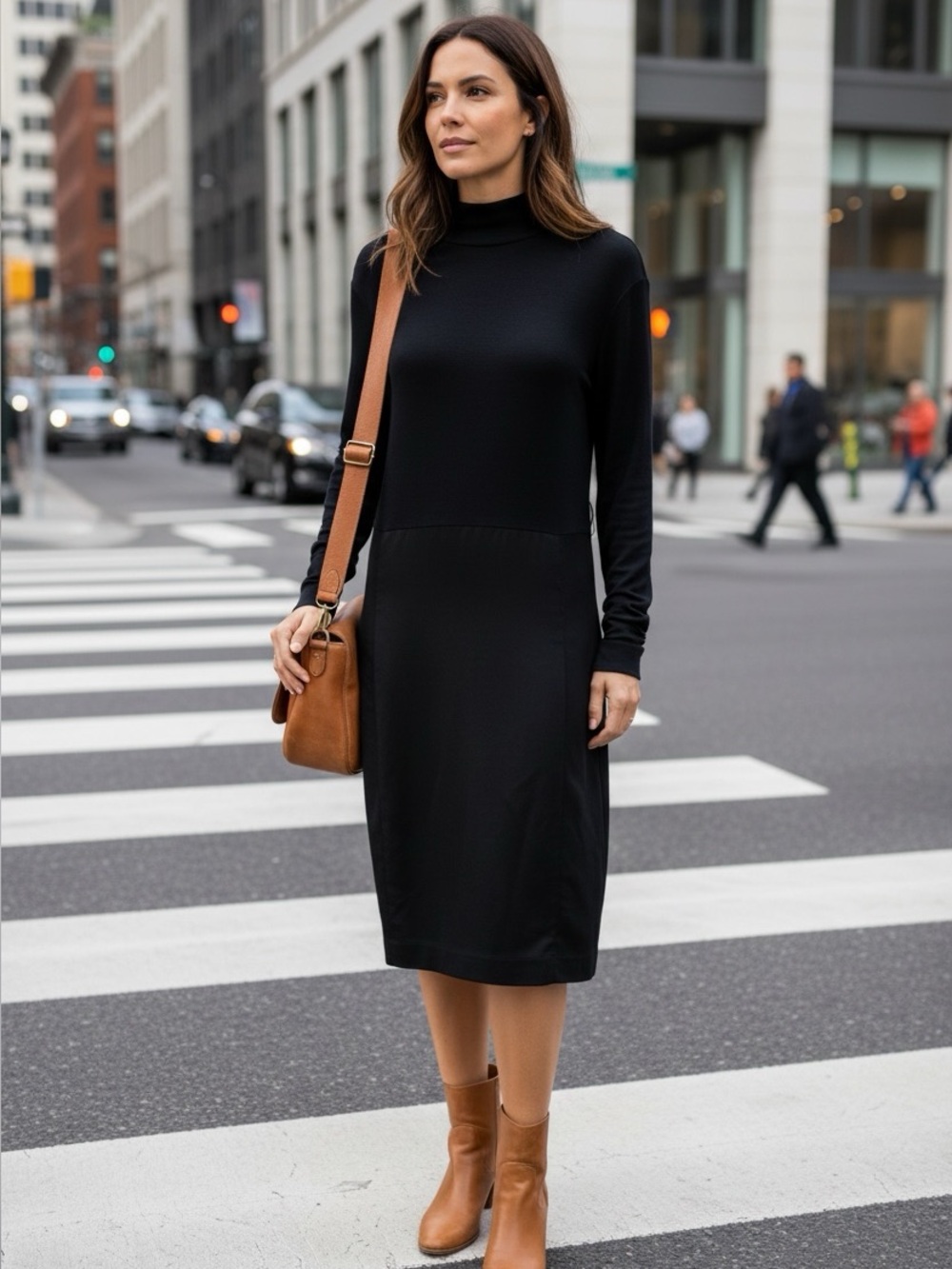 JACOB Mock Turtleneck Long Sleeved Sweater Top Dress, Fabric Bottom Sash Belt